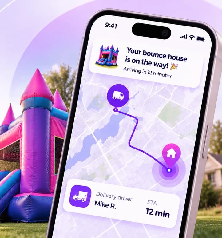 A bounce house next to a phone showing a delivery on its way, arriving in 12 minutes