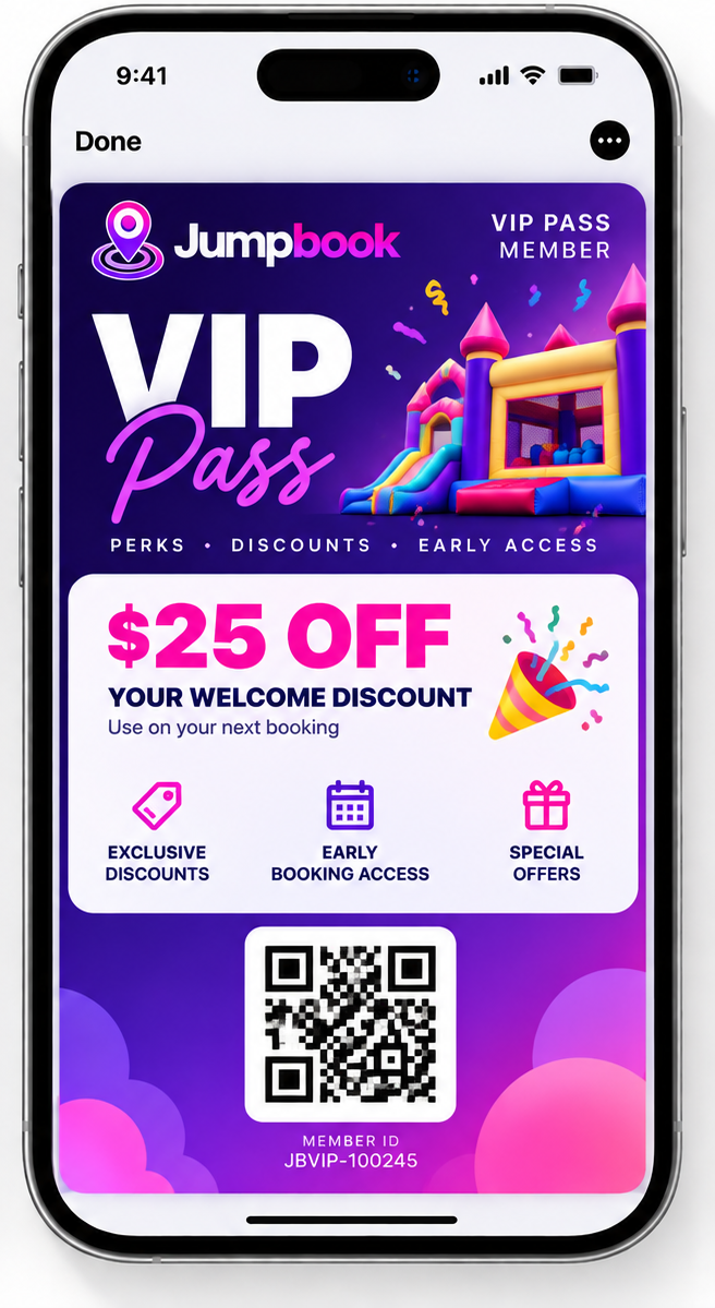 A Jumpbook VIP wallet pass with $25 off, member perks, and a QR code