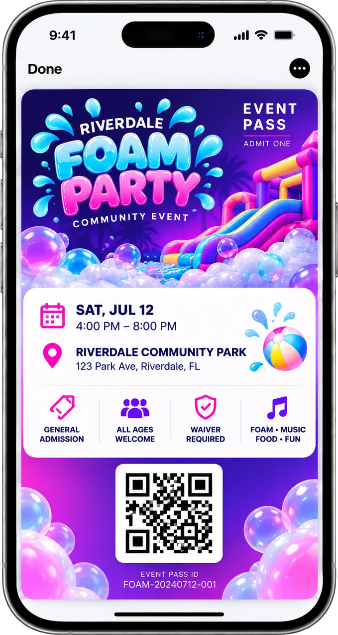 An event pass for a community foam party